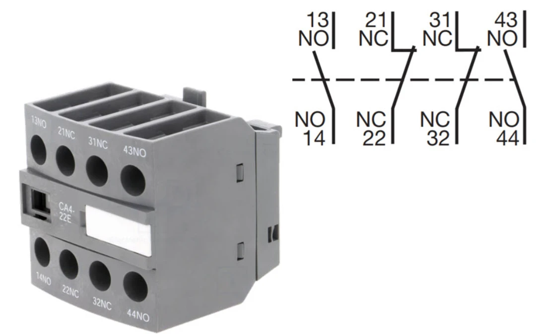 Hjälpkontaktblock, ABB CA4-22E, Skruvansl., 2NO/2NC, Frontmont.