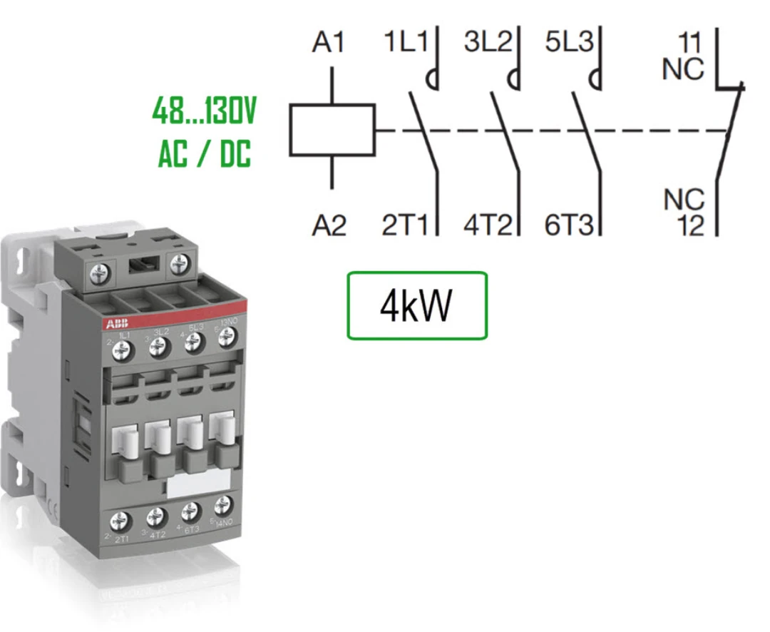 Kontaktor, ABB AF09, 48-130V AC+DC, Skruvansl., 9A/4kW, 3NO+1NC
