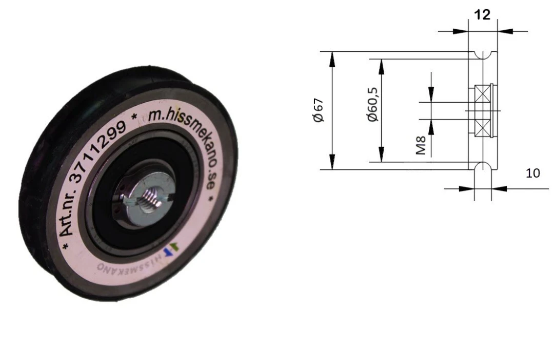 Bärrulle, KONE ADR/ADM, stål med gummi, ø69/60/M8x12/10mm