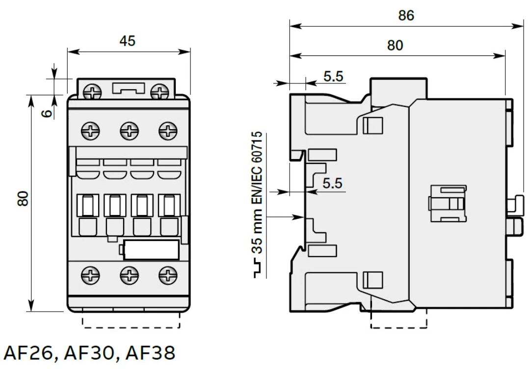 Kontaktor, ABB AF38, 48-130V AC+DC, Skruvansl., 38A/18,5kW