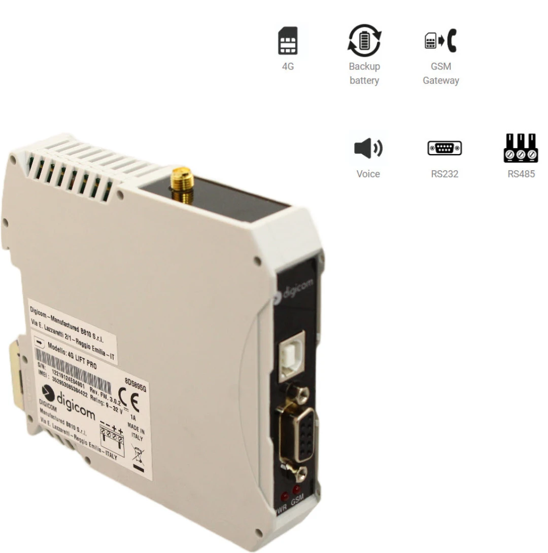 4G/LTE Gateway, DigiCom, enligt EN81-28, för Nödtelefon, DIN-skena