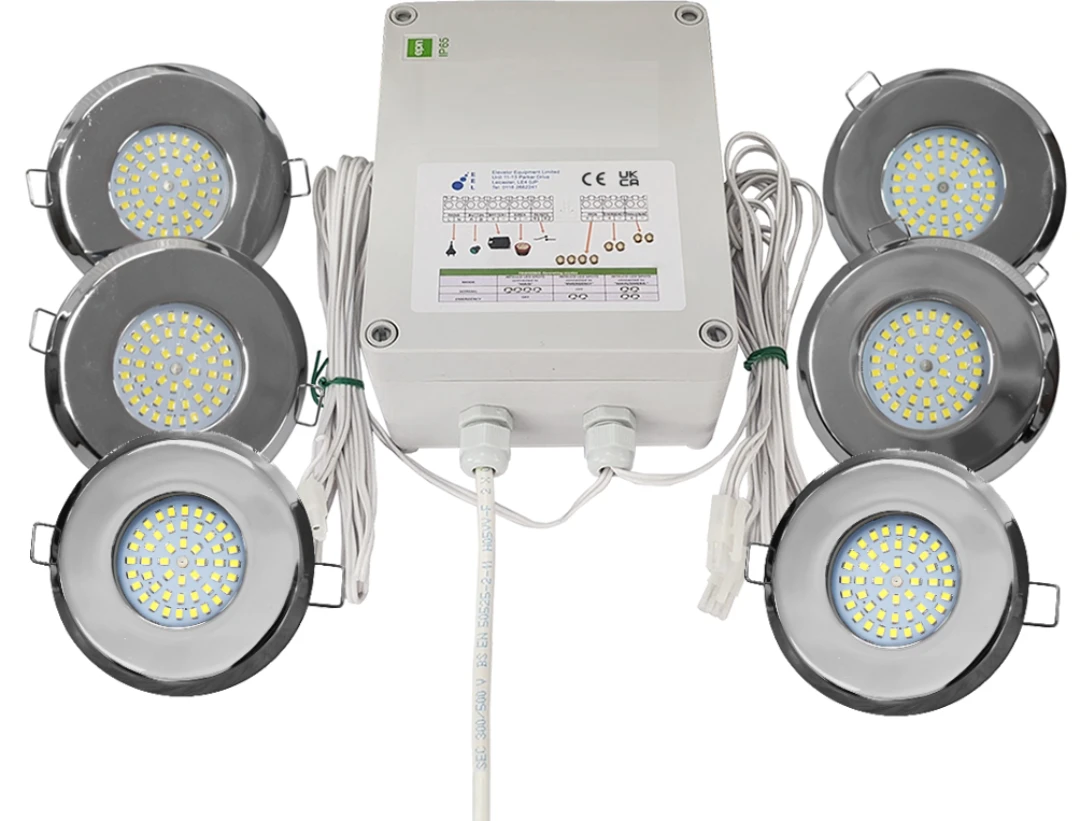 LED-Set Spots kromat satin, EN81-71, 6x495lm, Nödljus, 12V/230V