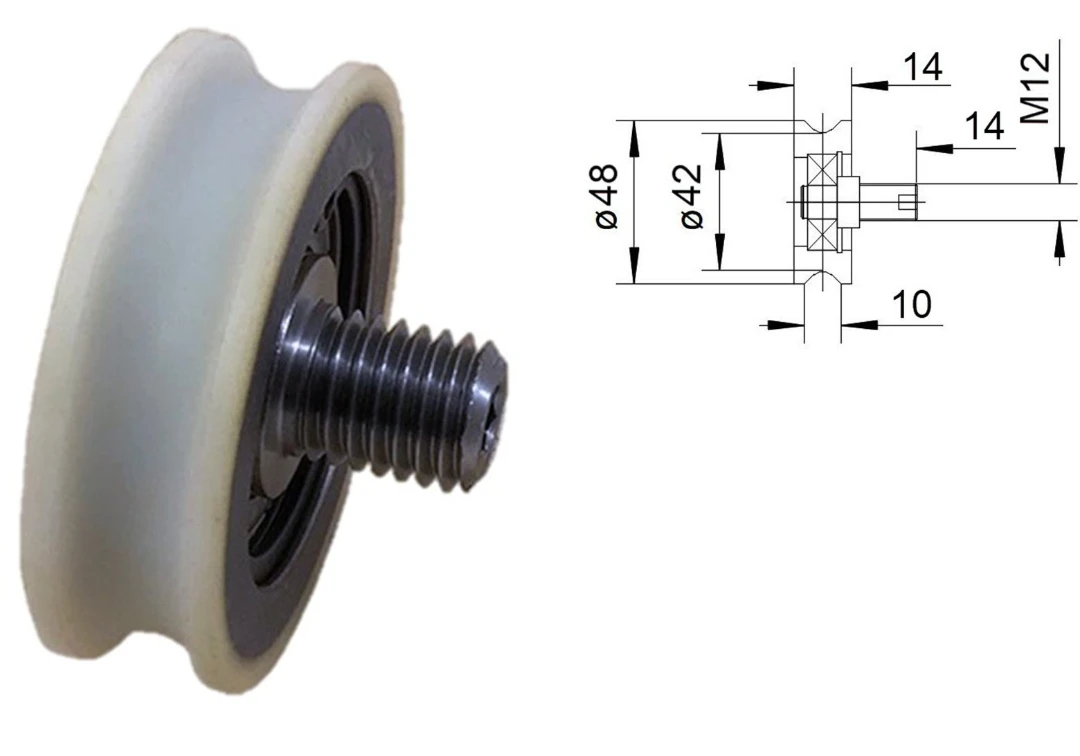 Bärrulle stål/VU96°, Fermator , ø48/42x14mm, U-spår, M12x14mm axel