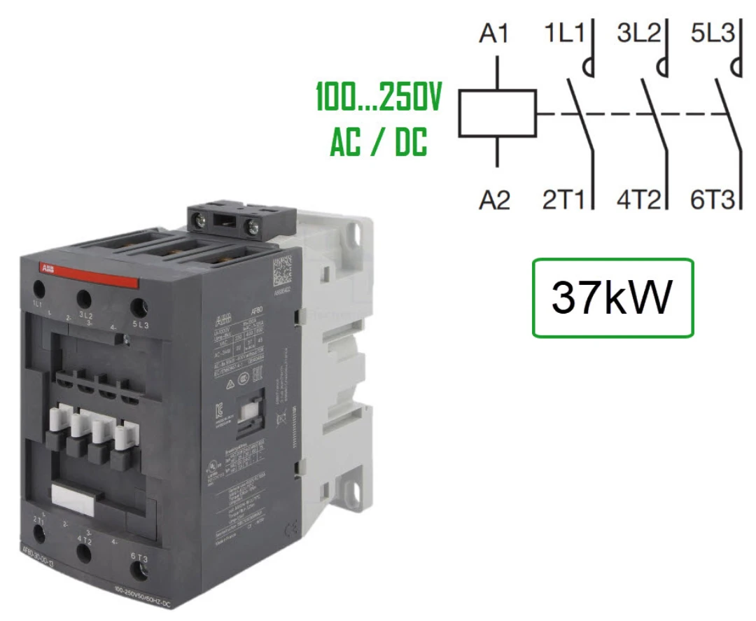 Kontaktor, ABB AF80, 100-250V AC+DC, Skruvansl., 80A/37kW