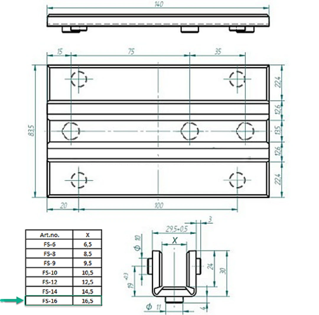 Styrskofoder, tysk std, 140x29.5x30, 16mm, vikbart, lågfriktion