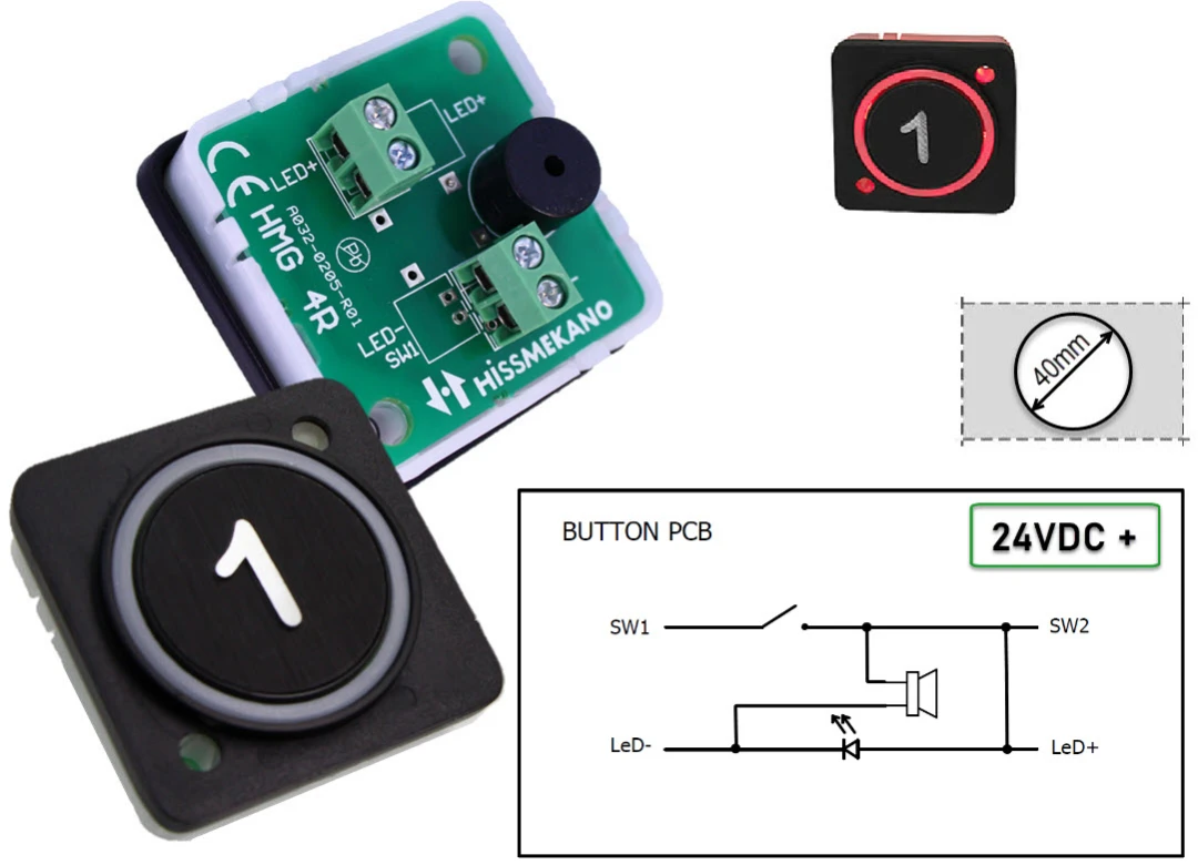 Knapp rund, HMG4, röd LED, trycke svart, ''-1'', ø40mm