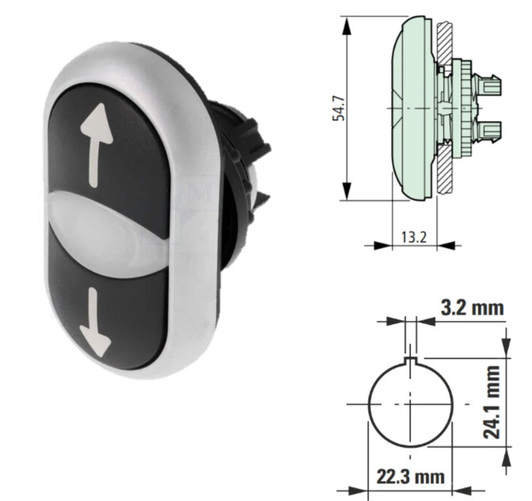 Tryckknapp dubbel, Eaton/Moeller RMQ, UPP/NER, hål ø22,5mm