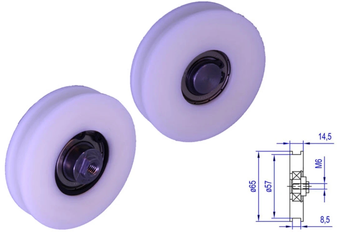 Bärrulle/synkrulle, Passar Sematic/Liftcomp, ø65/57x14,5mm, M6