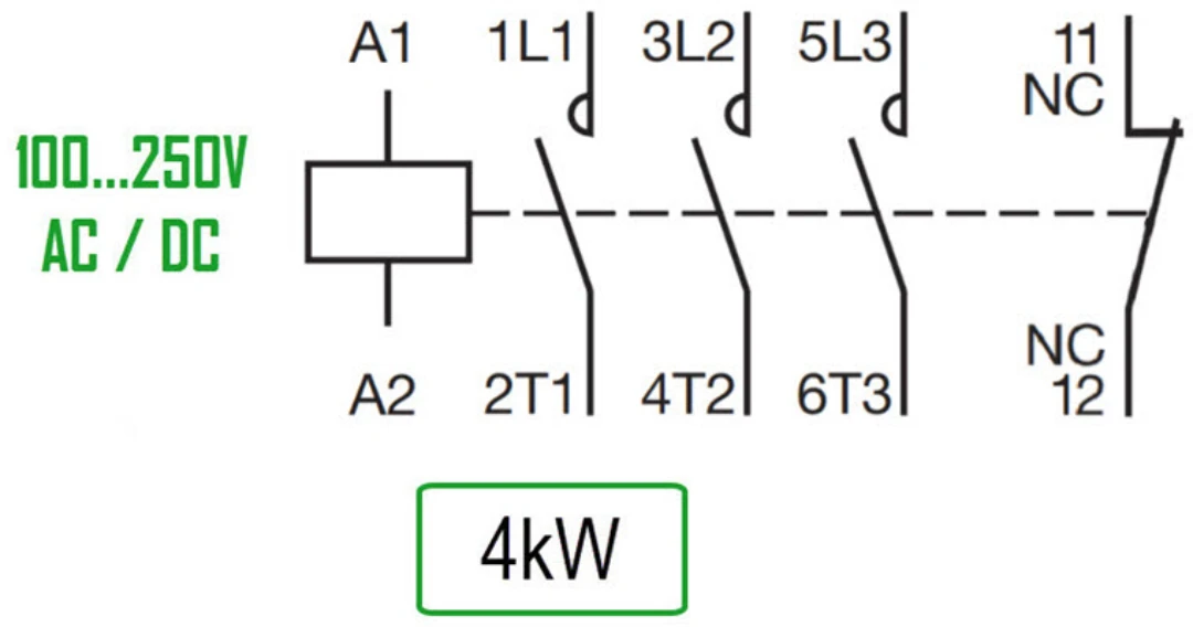 Kontaktor, ABB AF09, 100-250V AC+DC, Skruvansl., 9A/4kW, 3NO+1NC