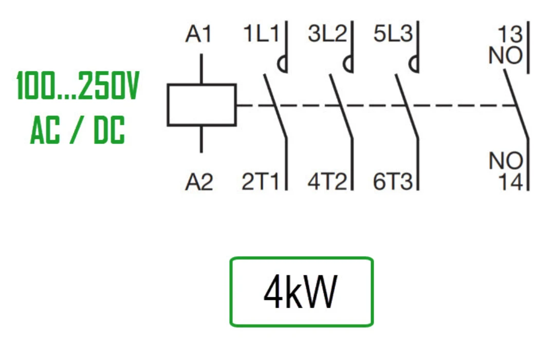 Kontaktor, ABB AF09, 100-250V AC+DC, Skruvansl., 9A/4kW, 3NO+1NO