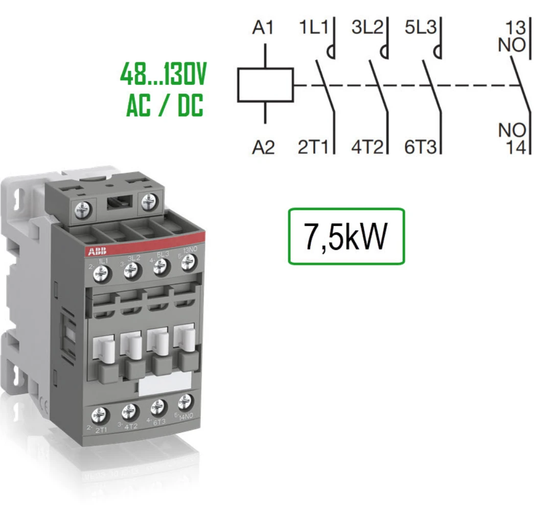 Kontaktor, ABB AF16, 48-130V AC+DC, Skruvansl., 16A/7,5kW, 3NO+1NO