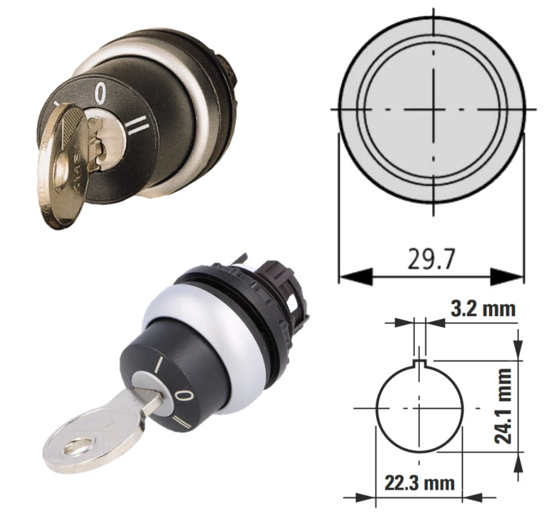 Nyckelbrytare, Eaton/Moeller, 3-Pos., MS1 nyckel, ø30mm, hål ø22mm