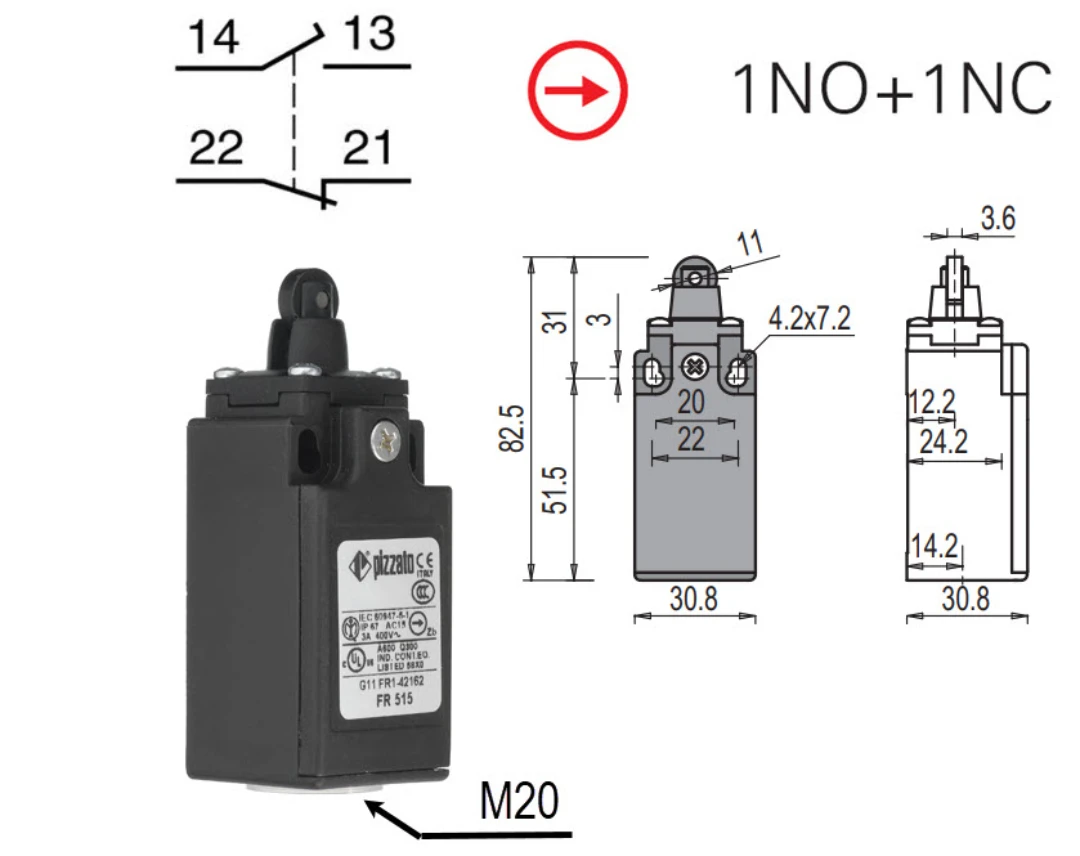 Säkerhetsbrytare, Pizzato FR515M2, med rulle D=11mm, för fångkontakt
