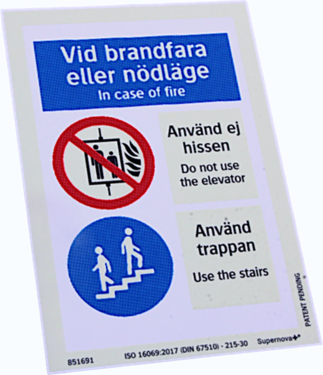 Skylt ''Vid brandfara eller nödläge'', 175x120 mm