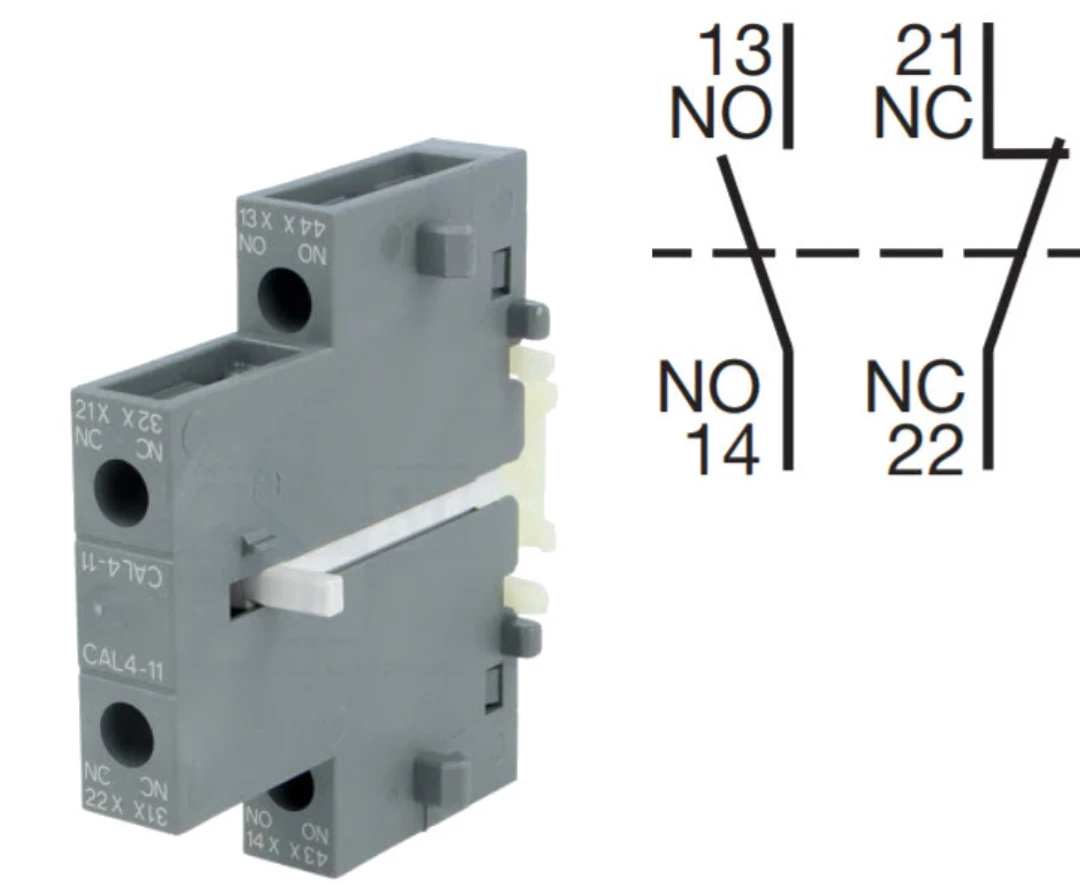 Hjälpkontaktblock, ABB CAL4-11, Skruvansl., 1NO/1NC, Sidomont.