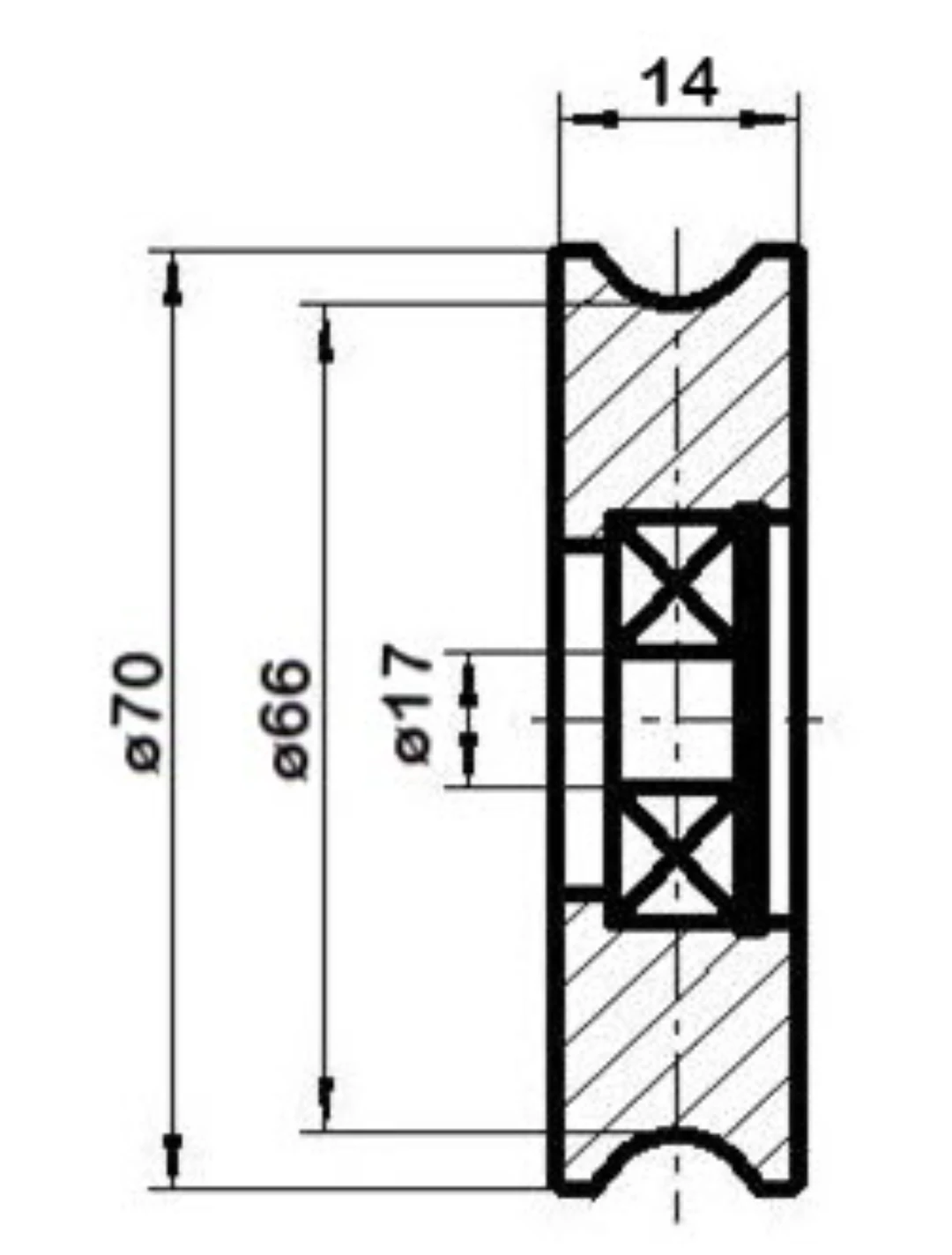 Bärrulle, KONE ADR/ADM, stål m gummi, inkl nav, ø69/60/17x14mm