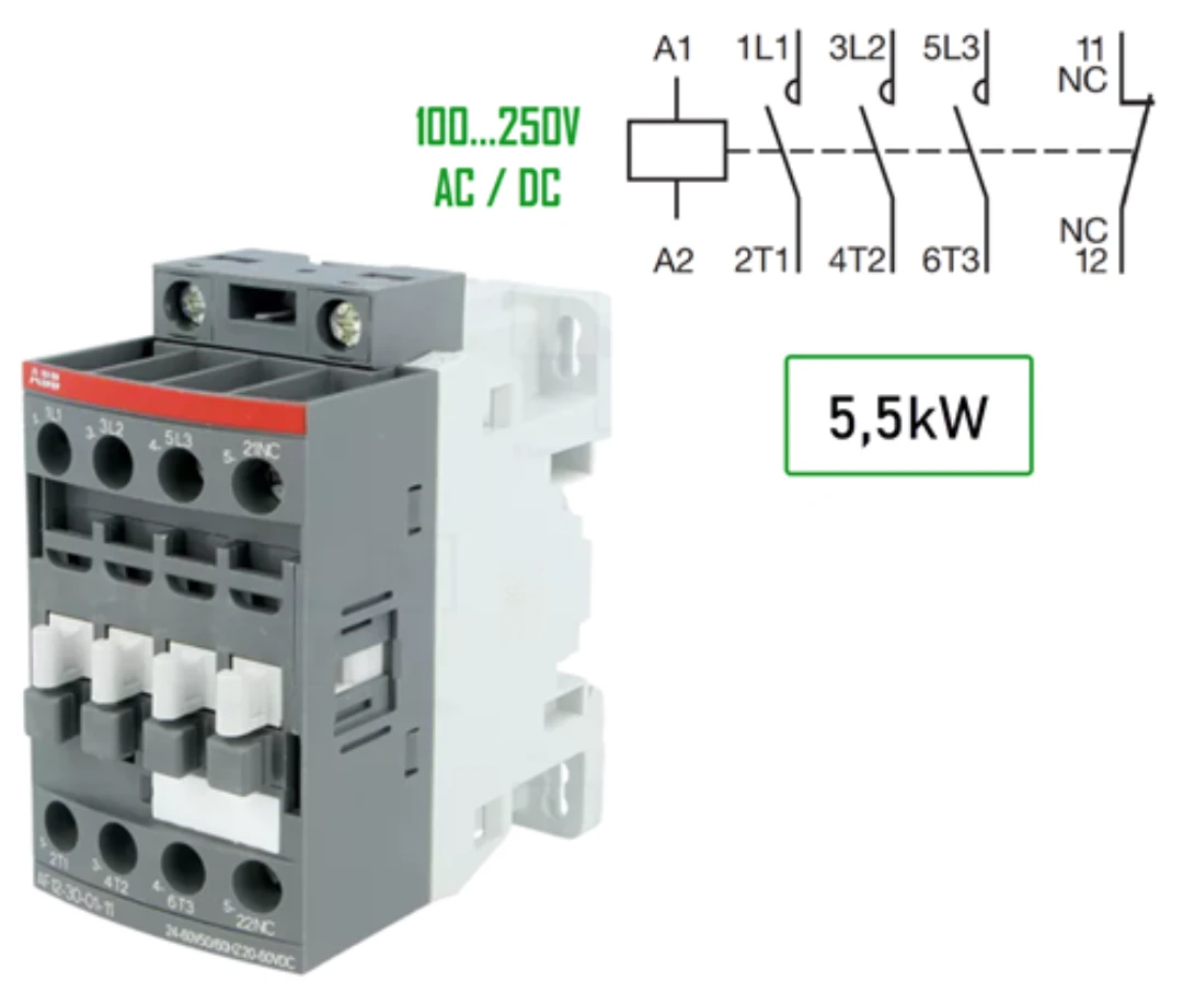 Kontaktor, ABB AF12, 100-250V AC+DC, Skruvansl., 12A/5,5kW, 3NO+1NC