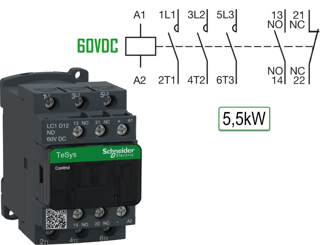 Kontaktor, Schneider, LC1D12ND, 60VDC, 12A, 5.5kW, 3NO+1NO/1NC