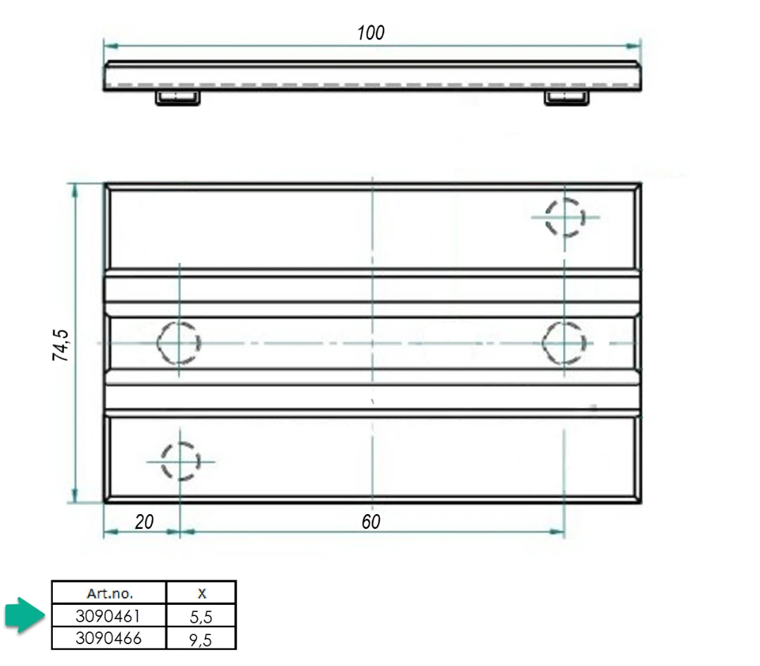 Styrskofoder, tysk std, motvikt, 100x20x30, 5mm, vikbart, 4 vårtor