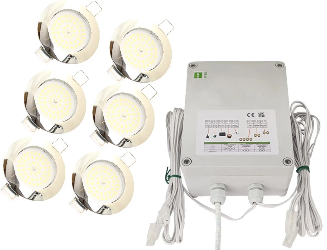 LED-kit Korgbel., Set Spots kromat satin, 6x495lm, Nödljus, 12V/230V