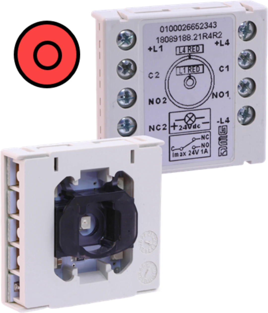 Kontaktblock, DMG Dual light, 24V/1A, 1CO+1NO-Kontakt., röd/röd