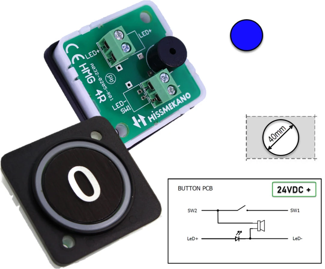 Knapp rund, HMG4, blå LED, trycke svart, ''0'', ø40mm