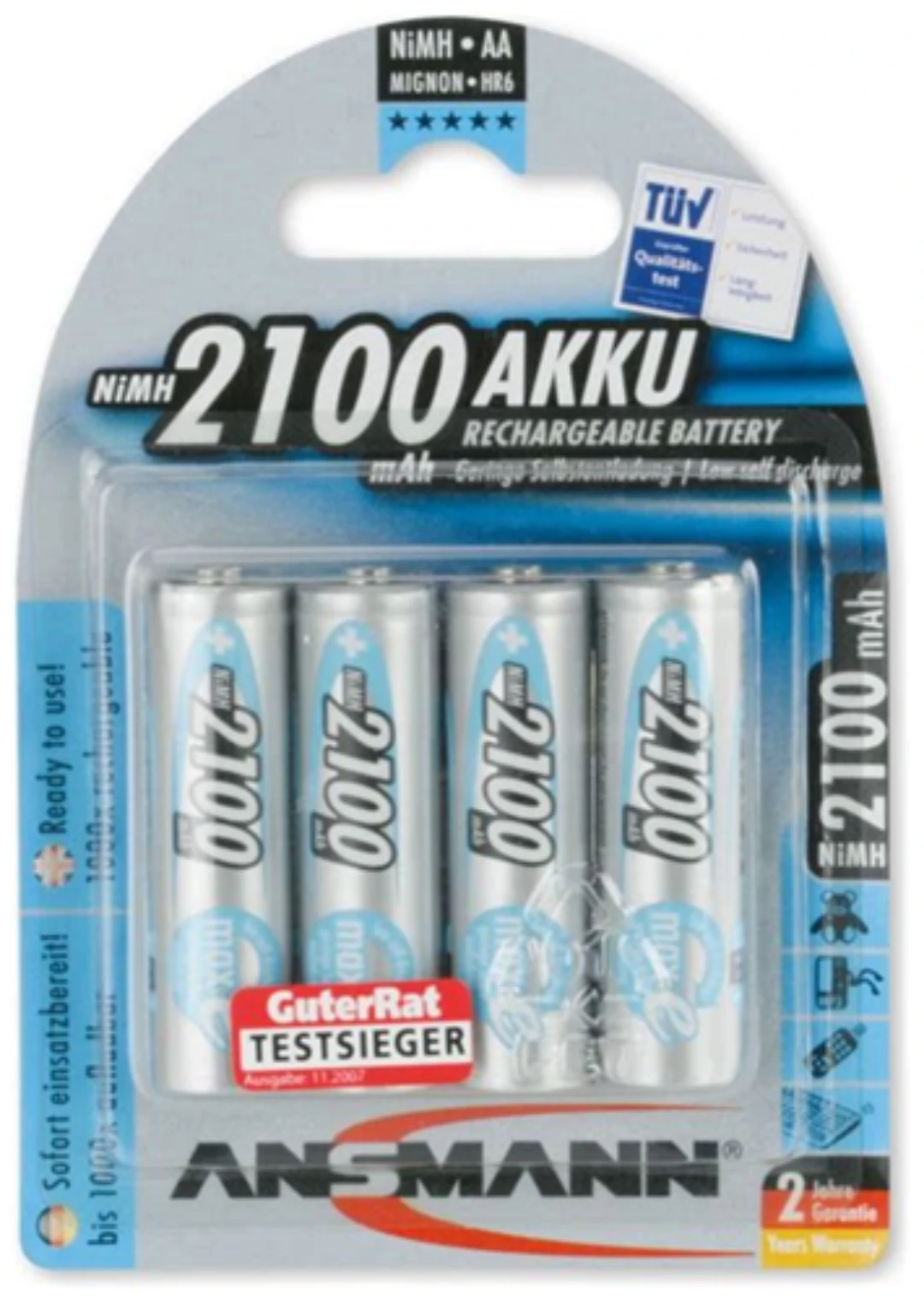Batteri, Varta/Ansmann, Typ AA, laddbart, NiMH, 1,2V/2100mAh