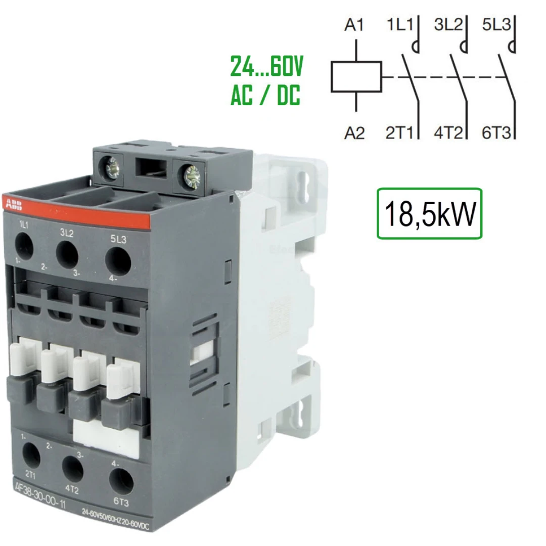 Kontaktor, ABB AF38, 24-60V AC+DC, Skruvansl., 38A/18,5kW