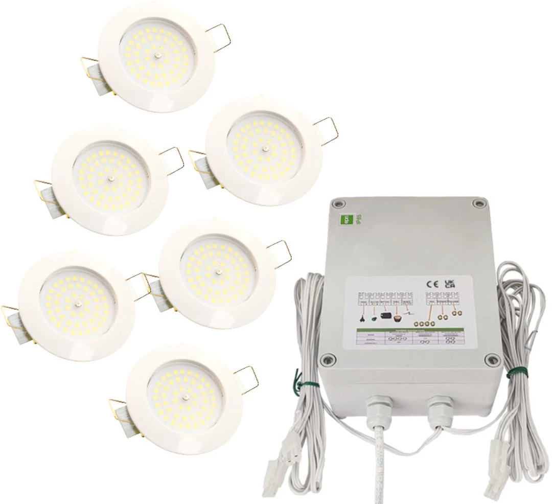 LED-kit Korgbel., Set Spots vit satin, 6x495lm, Nödljus, 12V/230V