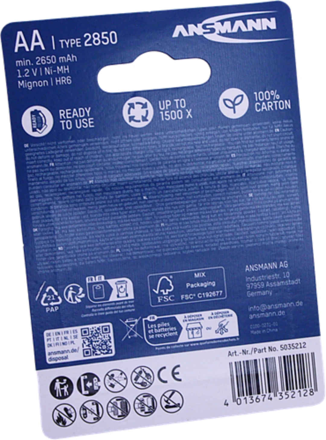 Batteri, Ansmann, Typ AA, laddbart, 1,2V/2850mAh