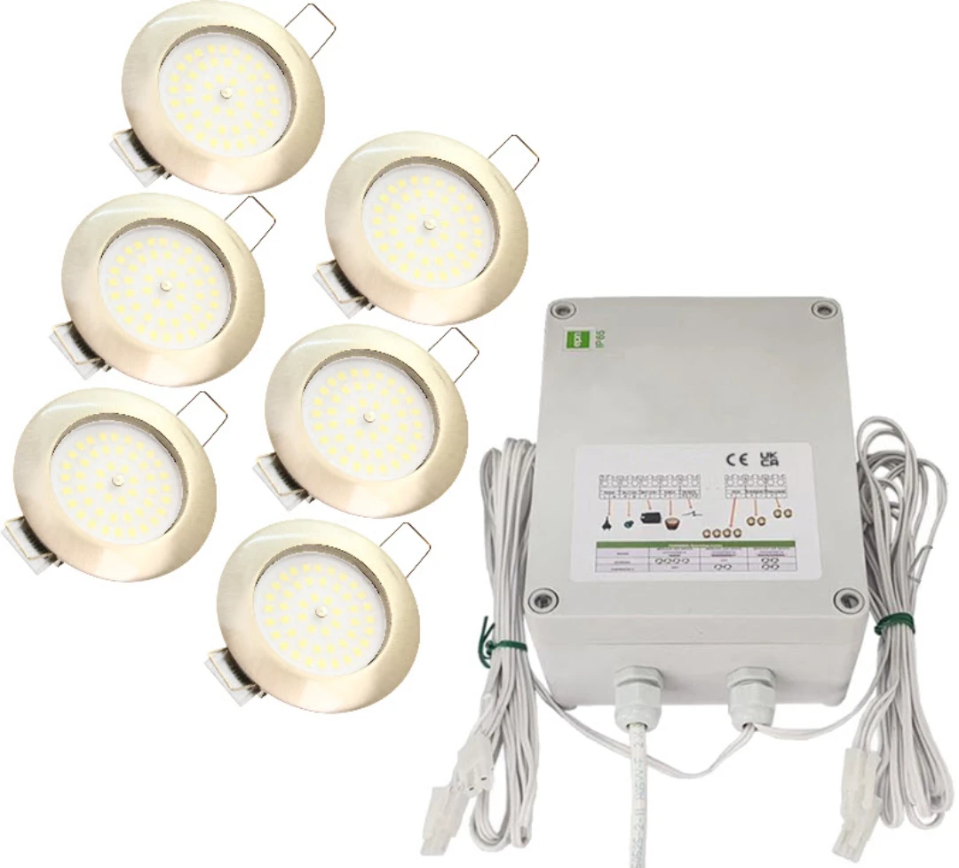 LED-kit Korgbel., Set Spots RF borst.satin, 6x495lm, Nödljus, 12V/230V