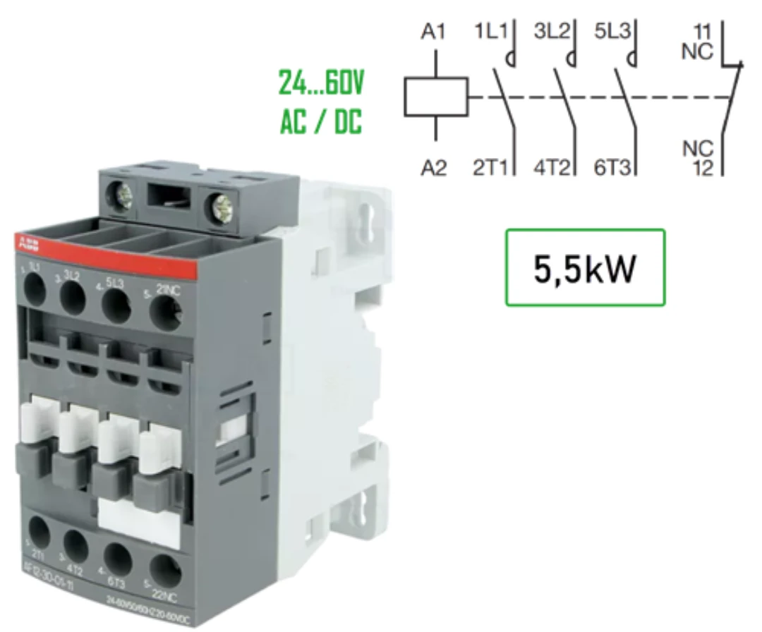 Kontaktor, ABB AF12, 24-60V AC+DC, Skruvansl., 12A/5,5kW, 3NO+1NC