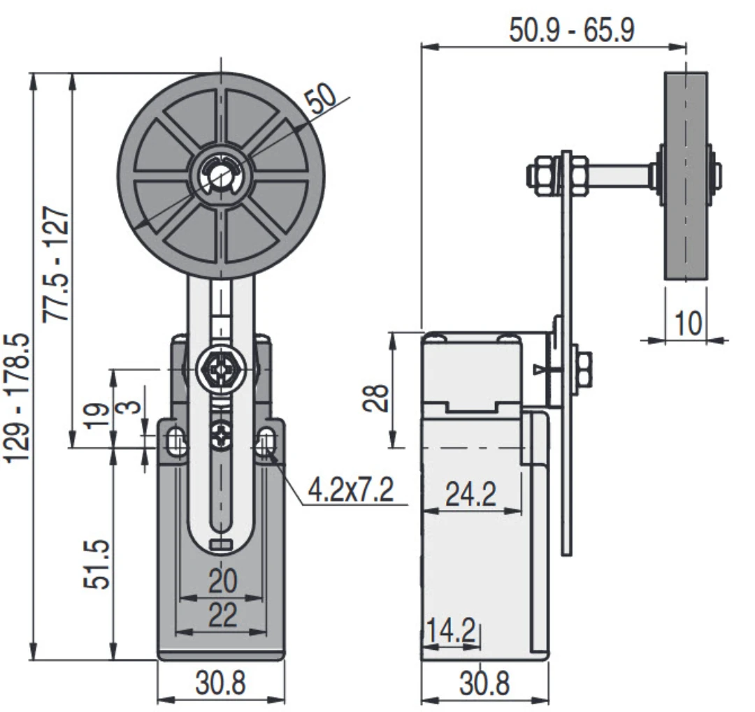 Gränslägesbrytare, Pizzato FR955-4, ø50mm rulle, 2NC