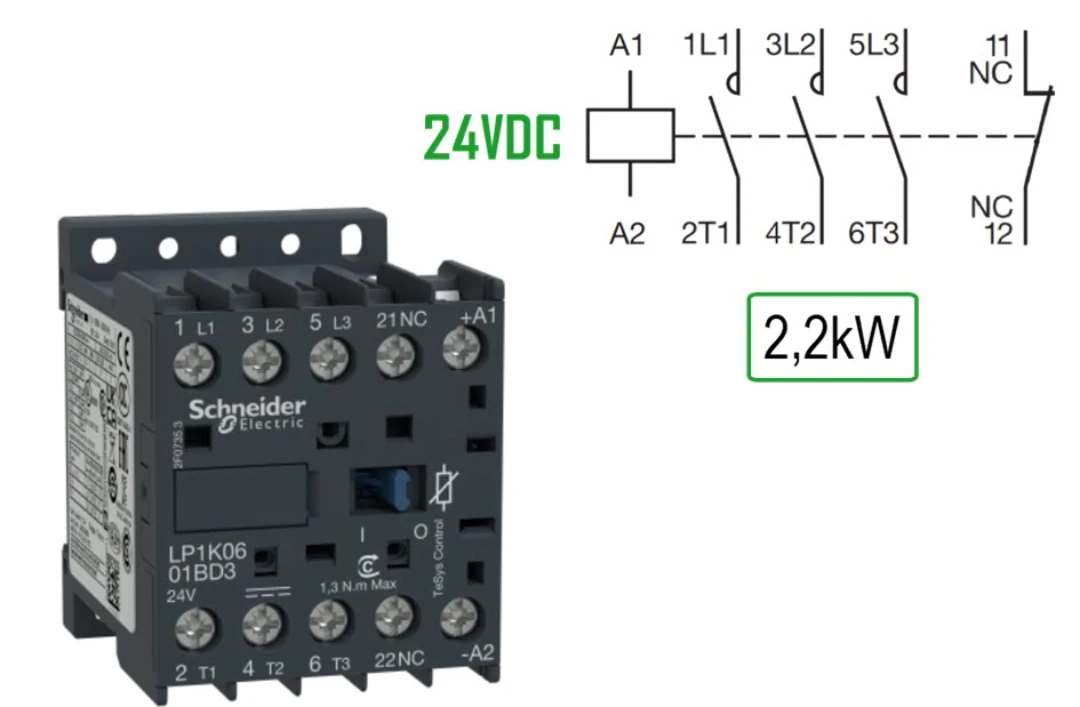 Kontaktor, Schneider/Telemec. LP1K0601BD3, 24VDC, 6A/2,2kW