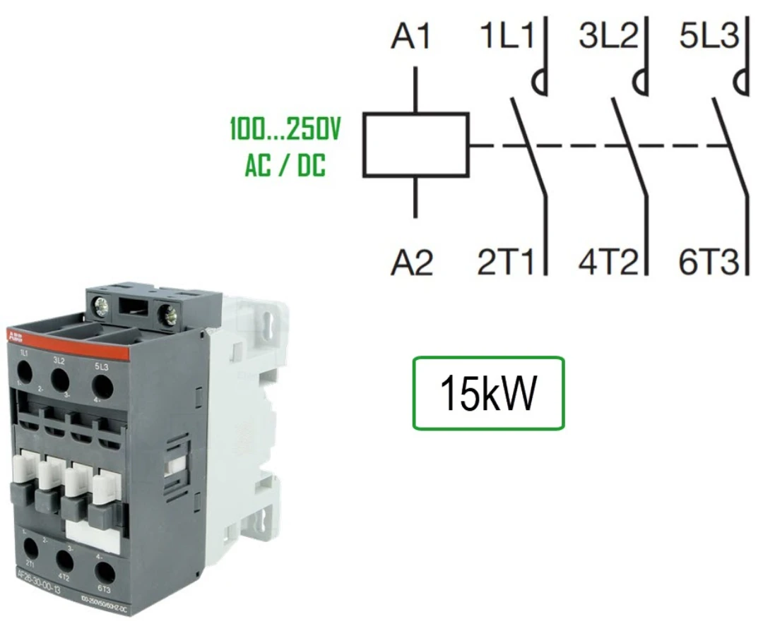 Kontaktor, ABB AF30, 100-250V AC+DC, Skruvansl., 30A/15kW