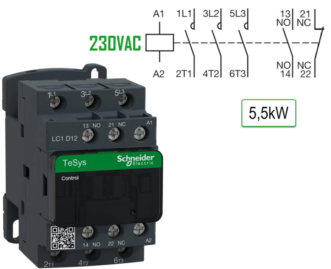 Kontaktor, Schneider/Telemec., LC1D12P7, 230VAC, 12A/5.5kW