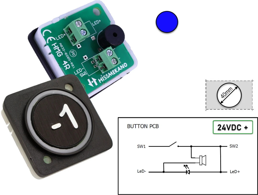 Knapp rund, HMG4, blå LED, trycke svart, ''-1'', ø40mm